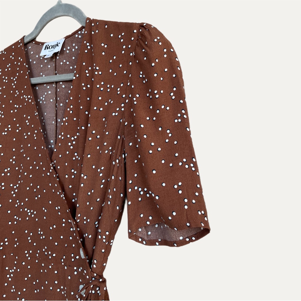 Rouje Brown White Polka Dot Printed Puff Sleeve Mini Wrap Dress Gabinette Dress — image 6 of 8